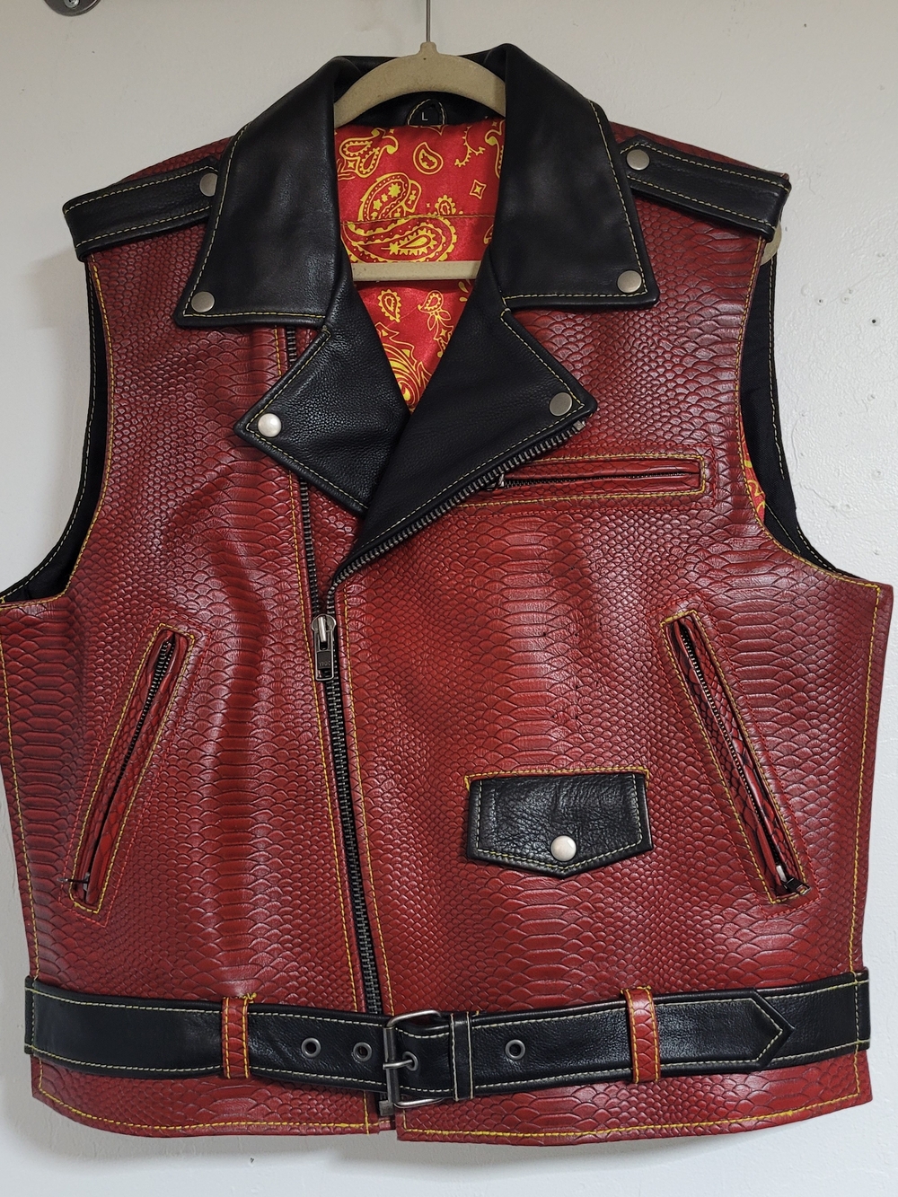 Red Snakeskin Embossed & Black Leather Biker Vest